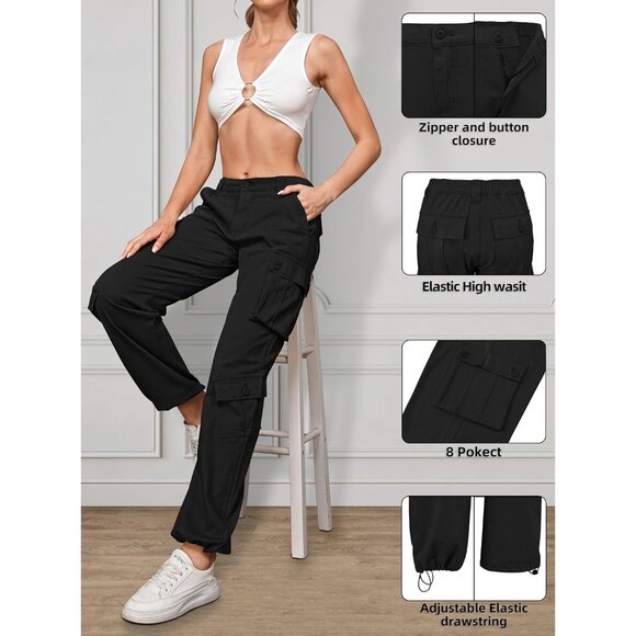 Women Pants High Waisted Cargo Pants Combat Military Wide Leg Casual Trousers 8 - Picture 4 of 6